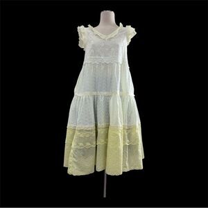 Pale yellow Upcycled shabby chic eyelet Boho Prairie dress with 3 tiers, size M